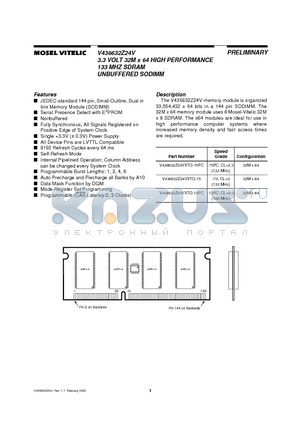 V436632Z24VXTG-75PC datasheet - 3.3 VOLT 32M x 64 HIGH PERFORMANCE 133 MHZ SDRAM UNBUFFERED SODIMM