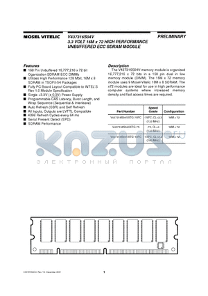 V437316S04VXTG-10PC datasheet - 3.3 VOLT 16M x 72 HIGH PERFORMANCE UNBUFFERED ECC SDRAM MODULE