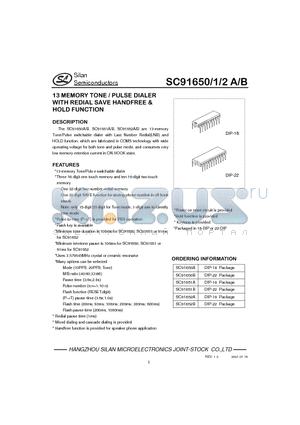 SC91650B datasheet - 13 MEMORY TONE / PULSE DIALER WITH REDIAL SAVE HANDFREE & HOLD FUNCTION