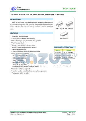 SC91710A datasheet - T/P SWITCHABLE DIALER WITH REDIAL HANDFREE FUNCTION