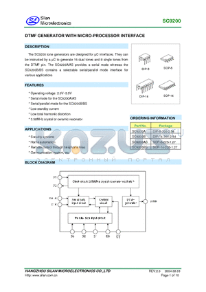 SC9200AS datasheet - DTMF GENERATOR WITH MICROPROCESSOR