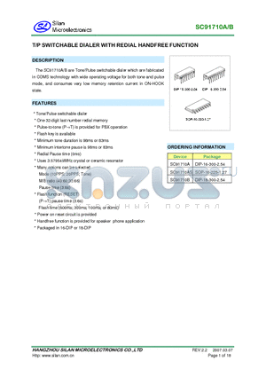 SC91710B datasheet - T/P SWITCHABLE DIALER WITH REDIAL HANDFREE FUNCTION