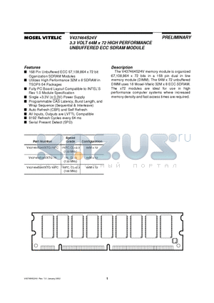 V437464S24VXTG-75 datasheet - 3.3 VOLT 64M x 72 HIGH PERFORMANCE UNBUFFERED ECC SDRAM MODULE