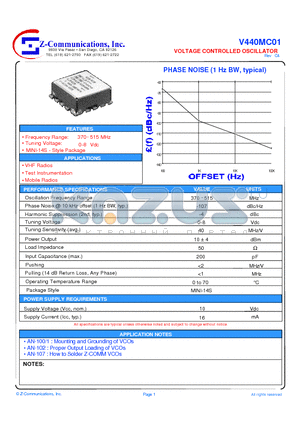 V440MC01 datasheet - LOW COST - HIGH PERFORMANCE VOLTAGE CONTROLLED OSCILLATOR
