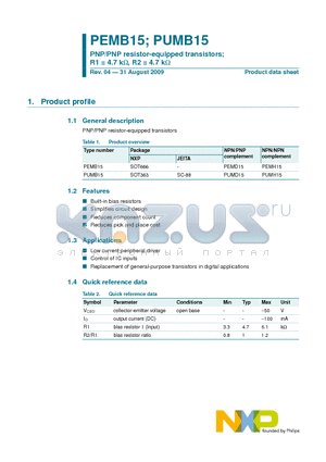 PEMB15 datasheet - PNP/PNP resistor-equipped transistors; R1 = 4.7 kW, R2 = 4.7 kW