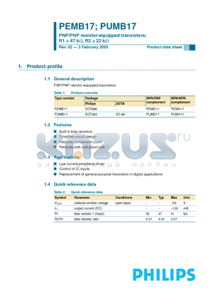 PEMB17 datasheet - PNP/PNP resistor-equipped transistors; R1 = 47 k-ohm, R2 = 22 k-ohm