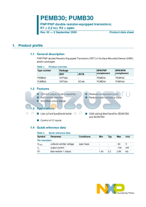 PEMB30 datasheet - PNP/PNP double resistor-equipped transistors; R1 = 2.2 kW, R2 = open