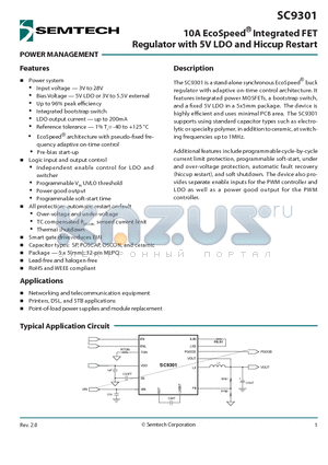 SC9301MLTRT datasheet - 10A EcoSpeed^ Integrated FET Regulator with 5V LDO and Hiccup Restart