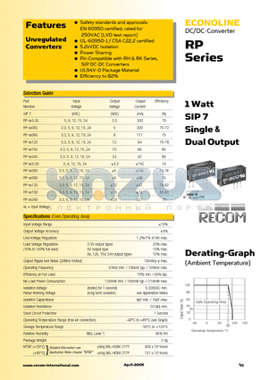 RP-0524D datasheet - 1 Watt SIP7 SIP7 Single & Dual Output