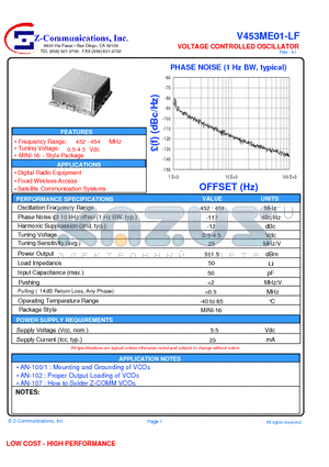 V453ME01-LF datasheet - VOLTAGE CONTROLLED OSCILLATOR