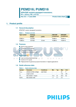 PEMD16 datasheet - NPN/PNP resistor-equipped transistors R1 = 22 kW, R2 = 47 kW