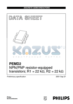 PEMD2 datasheet - NPN/PNP resistor-equipped transistors; R1 = 22 kohm, R2 = 22 kohm