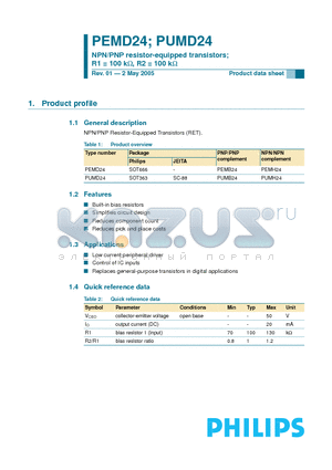 PEMD24 datasheet - NPN/PNP resistor-equipped transistors R1 = 100 kW, R2 = 100 kW