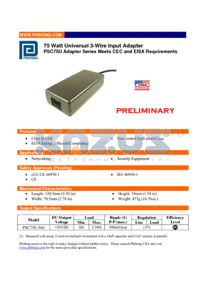 PSC75U-560 datasheet - 75 Watt Universal 3-Wire Input Adapter