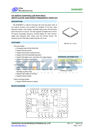 SC9638EP datasheet - CD SERVO CONTROLLER WITH MCU (WITH CLOCK AND RADIO FREQUENCY DISPLAY)
