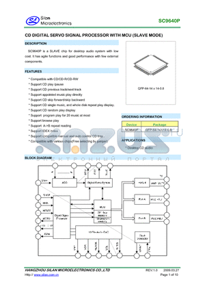 SC9640P datasheet - CD DIGITAL SERVO SIGNAL PROCESSOR WITH MCU (SLAVE MODE)