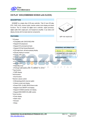 SC9698P datasheet - CD PLAY SOC(COMBINED SC9820 with CLOCK)