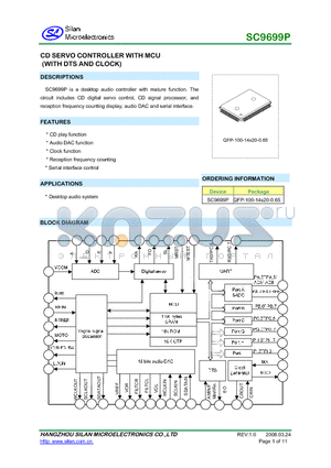 SC9699P datasheet - CD SERVO CONTROLLER WITH MCU (WITH DTS AND CLOCK)