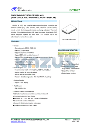 SC9697 datasheet - CD SERVO CONTROLLER WITH MCU (WITH CLOCK AND RADIO FREQUENCY DISPLAY)