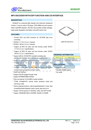 SC9822P datasheet - MP3 DECODER WITH ESP FUNCTION AND CD INTERFACE