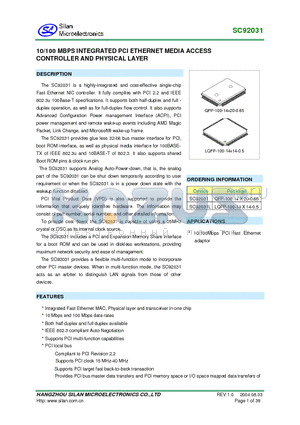 SC92031 datasheet - 10/100 MBPS INTEGRATED PCI ETHERNET MEDIA ACCESS CONTROLLER AND PHYSICAL LAYER