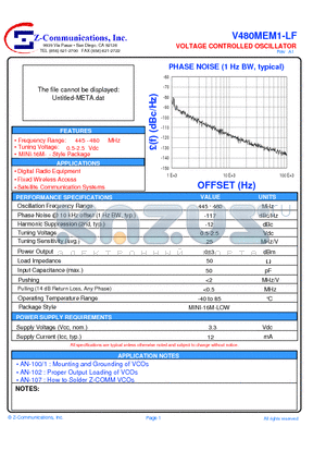 V480MEM1-LF datasheet - VOLTAGE CONTROLLED OSCILLATOR