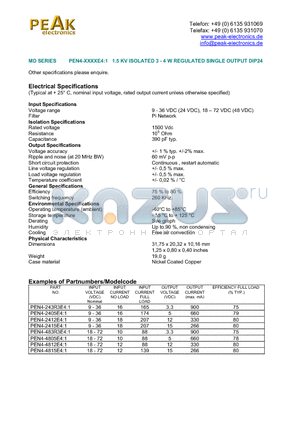 PEN4-2415E41 datasheet - PEN4-XXXXE4:1 1.5 KV ISOLATED 3 - 4 W REGULATED SINGLE OUTPUT DIP24