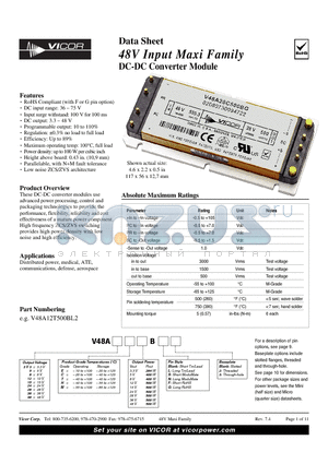 V48A12C500BN3 datasheet - 48V Input Maxi Family DC-DC Converter Module