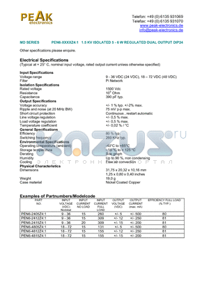 PEN6-4805Z41 datasheet - PEN6-XXXXZ4:1 1.5 KV ISOLATED 5 - 6 W REGULATED DUAL OUTPUT DIP24