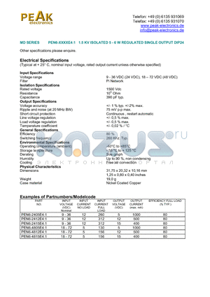 PEN6-4815E41 datasheet - PEN6-XXXXE4:1 1.5 KV ISOLATED 5 - 6 W REGULATED SINGLE OUTPUT DIP24