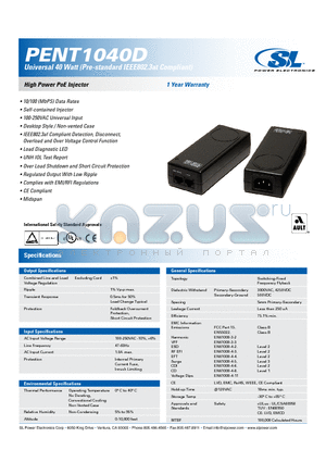 PENT1040D datasheet - Universal 40 Watt (Pre-standard IEEE802.3at Compliant)