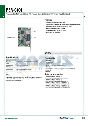 PER-C101 datasheet - Broadcom BCM5721/51/89 Dual PCI-Express 10/100/1000Base-TX Ethernet Daughter Board