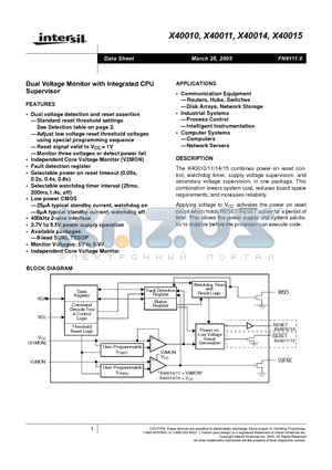 X40010 datasheet - Dual Voltage Monitor with Intergrated CPU Supervisor