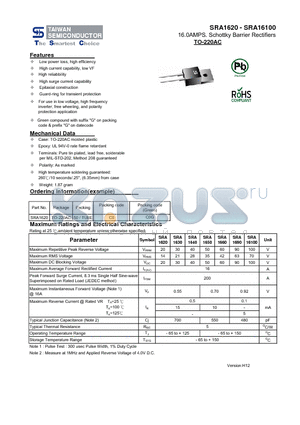 SRA1620 datasheet - 16.0AMPS. Schottky Barrier Rectifiers