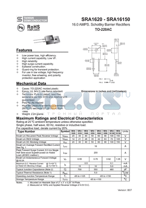 SRA16150 datasheet - 16.0 AMPS. Schottky Barrier Rectifiers