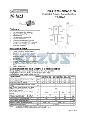 SRA1650 datasheet - 16.0 AMPS. Schottky Barrier Rectifiers