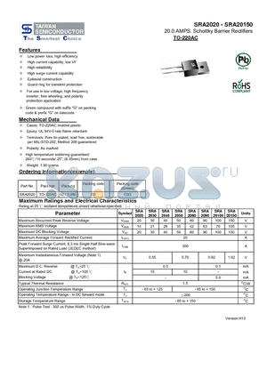 SRA20150 datasheet - 20.0 AMPS. Schottky Barrier Rectifiers High reliabbility