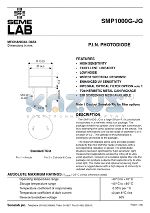 SMP1000G-JQ datasheet - P.I.N. PHOTODIODE