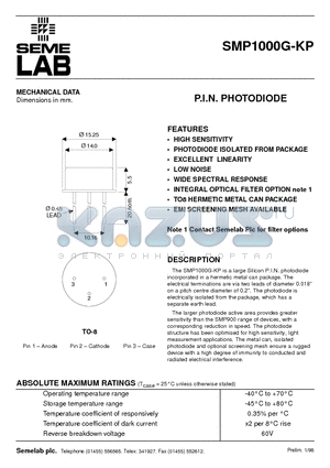 SMP1000G-KP datasheet - P.I.N. PHOTODIODE