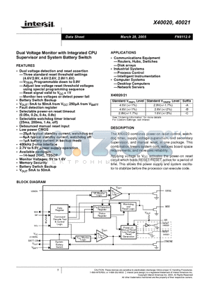 X40020S14-C datasheet - Dual Voltage Monitor with Intergrated CPU Supervisor and System Battery Switch