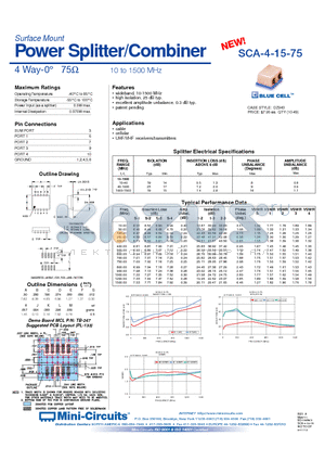 SCA-4-15-75 datasheet - Power Splitter/Combiner 4 Way-0` 75 10 to 1500 MHz