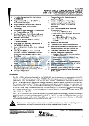 TL16C750FNR datasheet - ASYNCHRONOUS COMMUNICATIONS ELEMENT WITH 64-BYTE FIFOs AND AUTOFLOW CONTROL