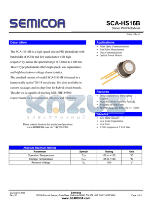 SCA-HS16B datasheet - Silicon PIN Photodiode