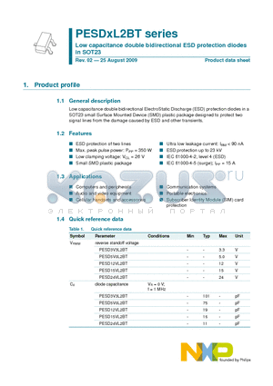 PESD15VL2BT datasheet - Low capacitance double bidirectional ESD protection diodes in SOT23