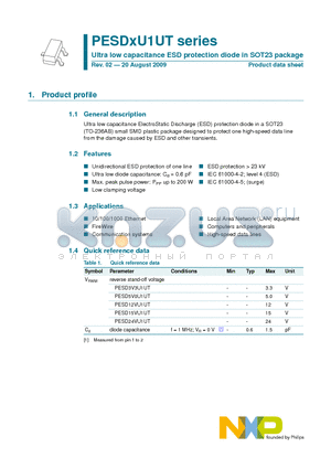 PESD15VU1UT datasheet - Ultra low capacitance ESD protection diode in SOT23 package