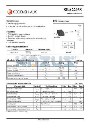 SRA2203S datasheet - PNP Silicon Transistor