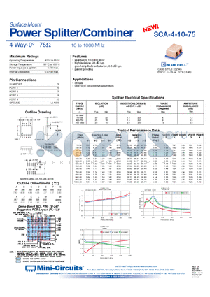 SCA-4-10-75 datasheet - Power Splitter/Combiner 4 Way-0` 75 10 to 1000 MHz