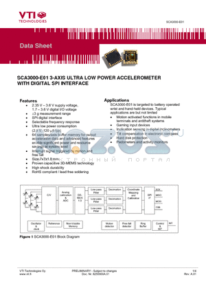 SCA3000-E01 datasheet - 3-AXIS ULTRA LOW POWER ACCELEROMETER WITH DIGITAL SPI INTERFACE