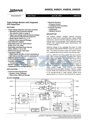 X40030V14I-C datasheet - Triple Voltage Monitor with Intergrated CPU Supervisor
