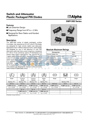 SMP1302-073 datasheet - Switch and Attenuator Plastic Packaged PIN Diodes